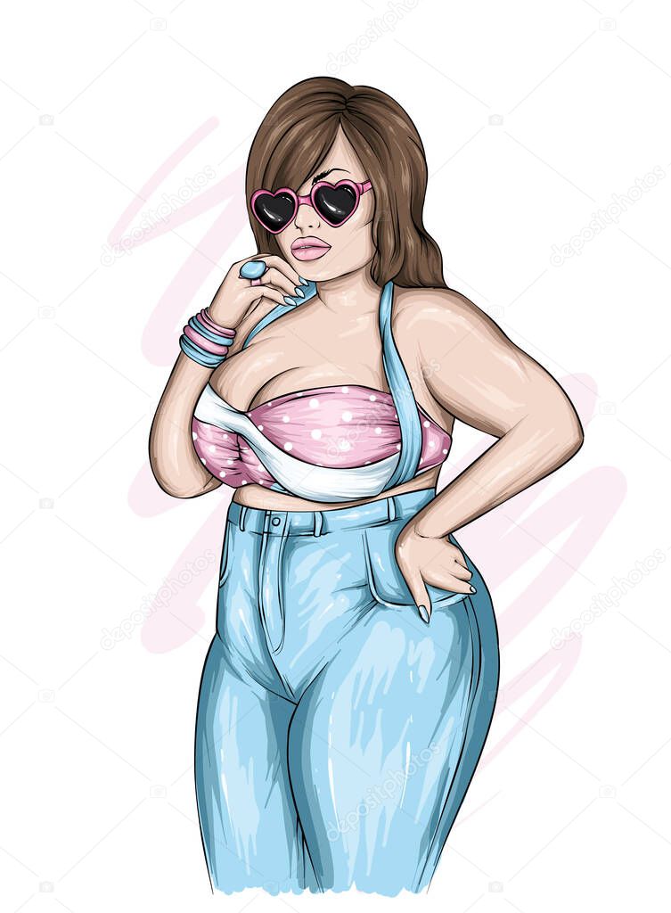 Stylish plus size girl with long hair in a beautiful top and pants. Fashion clothes and accessories, fashion and style. Vector illustration. Body positive.