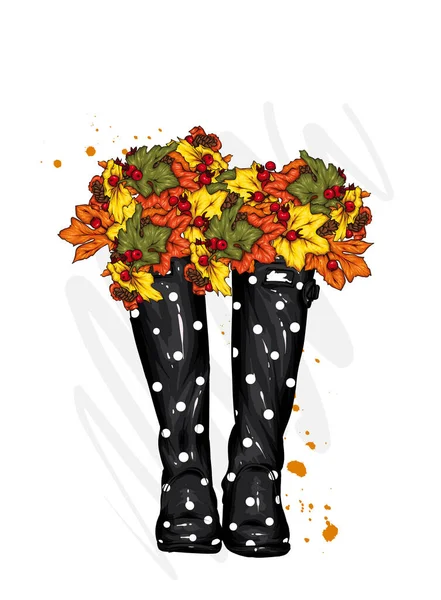 Bouquet Feuilles Automne Bottes Caoutchouc Mode Style Vêtements Accessoires Illustration — Image vectorielle