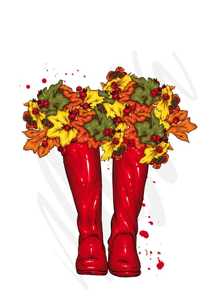 Bouquet Feuilles Automne Bottes Caoutchouc Mode Style Vêtements Accessoires Illustration — Image vectorielle