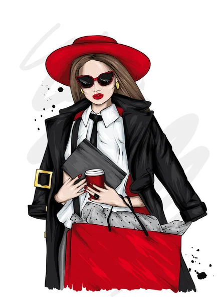 Chica Hermosa Alta Delgada Abrigo Elegante Sombrero Pantalones Gafas Mujer — Vector de stock