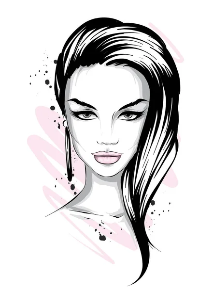 Beautiful Woman Long Hair Big Eyes Full Lips Vector Illustration — Stock Vector