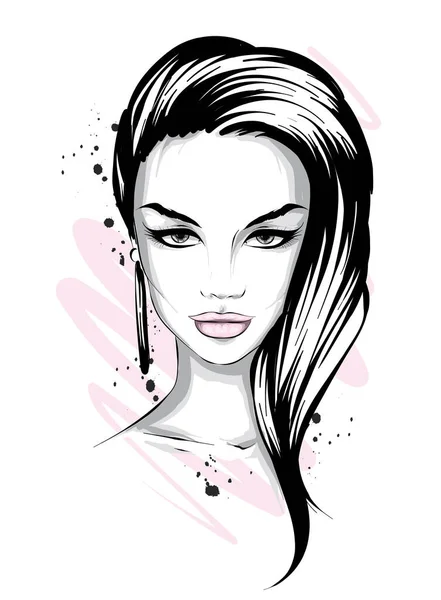 Hermosa Mujer Con Pelo Largo Ojos Grandes Labios Llenos Ilustración — Vector de stock