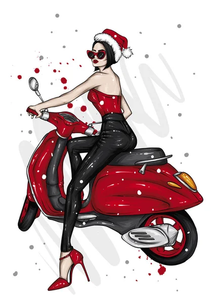 Bella Donna Elegante Una Moto Cool Motociclista Moda Stile Vestiti — Vettoriale Stock