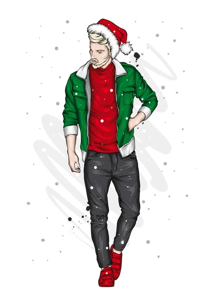 Şık giyinmiş yakışıklı bir adam. Hippi. Vektör çizimi. Noel Baba şapkası, yeni yıl ve Noel.