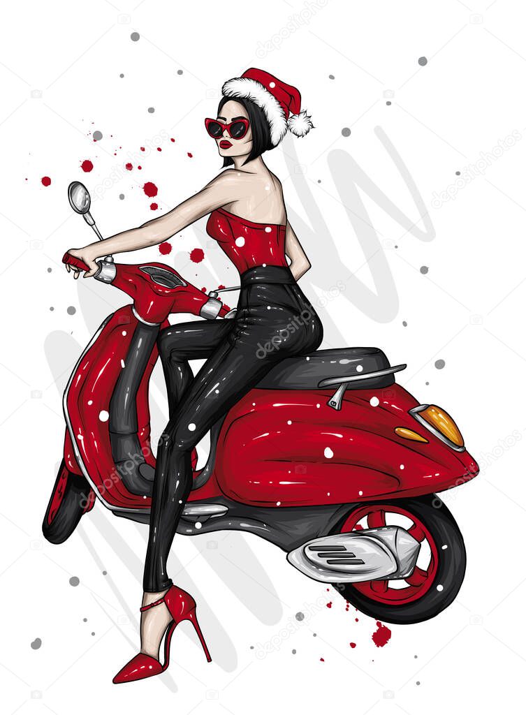 Beautiful stylish woman on a cool motorcycle. Biker. Fashion and style, clothes and accessories.  Santa Claus hat, new year and christmas.