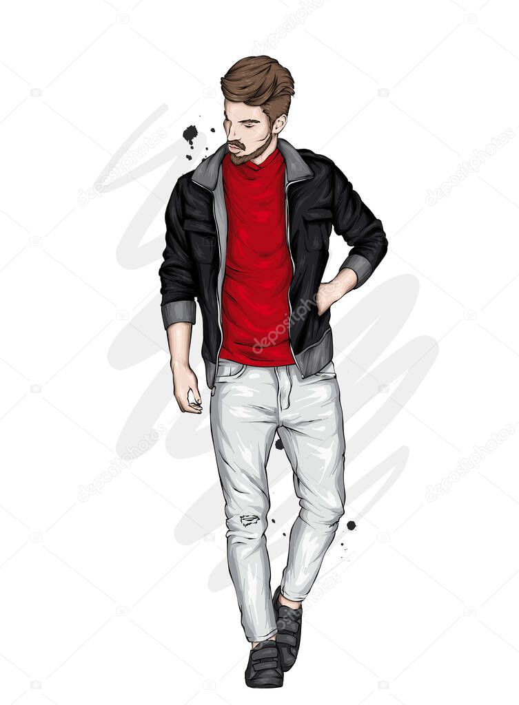 Handsome guy in stylish clothes. Hipster. Vector illustration.