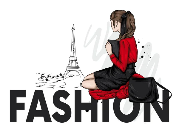 スタイリッシュな服を着た美しい少女がパリの背景に座っています ベクトルイラスト ファッションやスタイル 服やアクセサリー — ストックベクタ