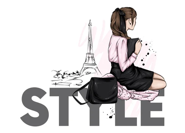 Beautiful Girl Stylish Clothes Sits Paris Background Vector Illustration Fashion — Stock Vector