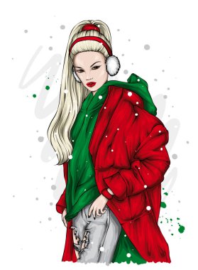 Uzun saçlı, kışlık ceketli güzel bir kız. Moda, tarz, giysi ve aksesuarlar. Vektör çizimi. Kış ve sonbahar, yeni yıl ve Noel.