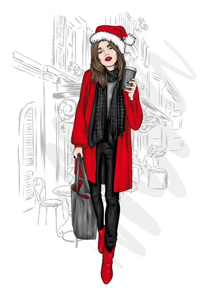 Une Belle Femme Dans Manteau Élégant Écharpe Jeans Bottes Vêtements — Image vectorielle