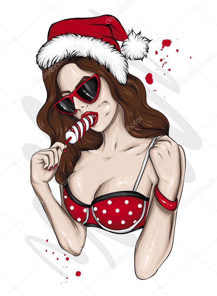 Beautiful woman in glasses and a bathing suit eating a long ice cream. New Year's and Christmas.