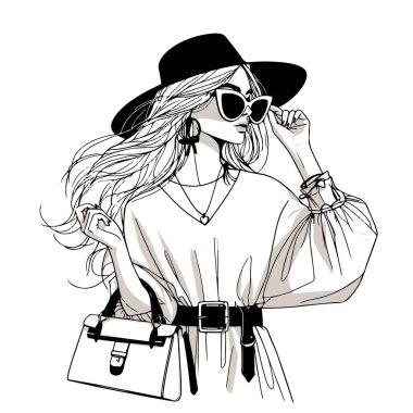 Şık giyinmiş güzel bir kız. Moda ve tarz. Vektör illüstrasyonu.