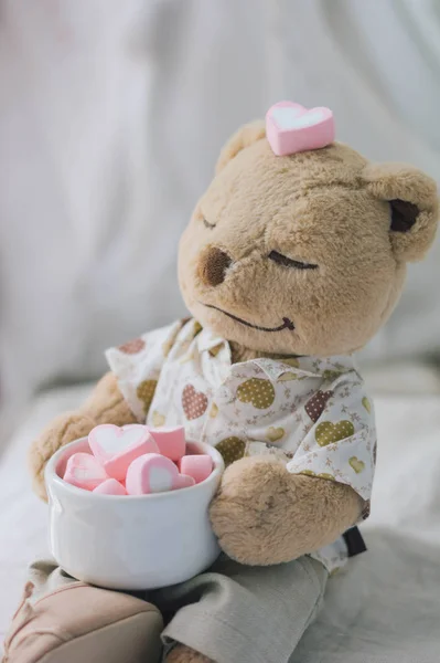 Brown Teddy Bear Holding Pink Heart Shape Marshmallow — Stock Photo, Image