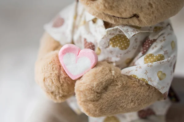 Brown Teddy Bear Holding Rosa Hjärta Form Marshmallow — Stockfoto