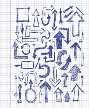 Defter kağıdına el çizimi mavi ok ayarlandı