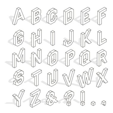 Latin alfabesinin ve sembollerin özgün büyük harfleri, beyaz arkaplanda gölge ve düzenlenebilir inme izole edilmiş.