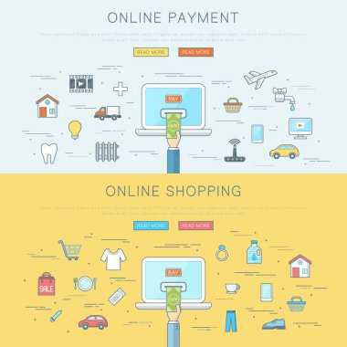 Çevrimiçi ödeme ve alışveriş konsepti, düz web tasarım afişi, düzenlenebilir felç
