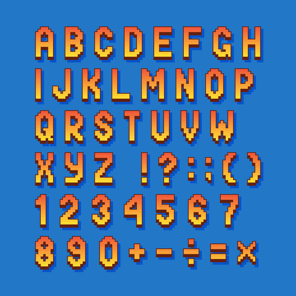 Pixel retro font computer games, videos, web sites. 8 bit letters, numbers and symbols.