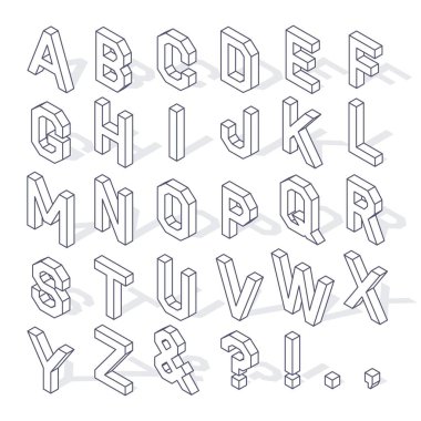 Latin alfabesinin ve sembollerin özgün büyük harfleri, beyaz arkaplanda gölge ve düzenlenebilir inme izole edilmiş.