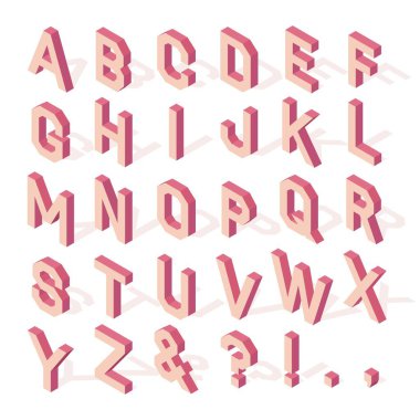 Latin alfabesinin Isometric renk büyük harfleri ve beyaz arkaplanda gölgeli semboller