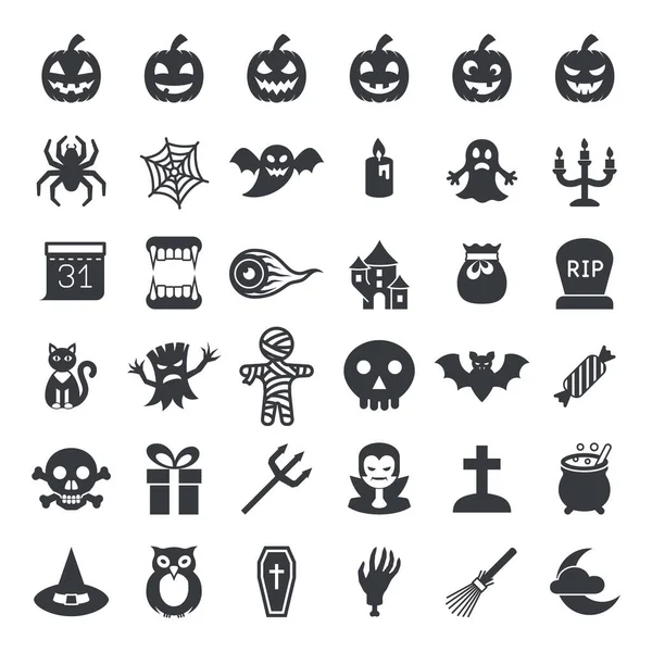 Set Halloween Icons Black Isolated White — Stock Vector