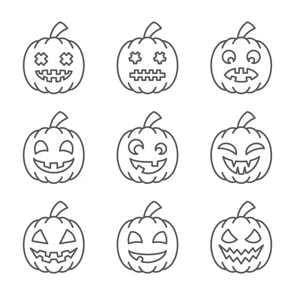 Halloween Pumpkins Set Linear Icons Different Emotions Editable Outline — Stock Vector