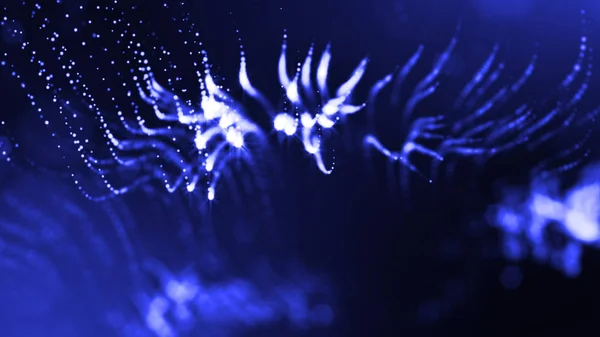 Abstract glow particles in air as science fiction microcosm or macro world or sci-fi. 3d render of abstract composition with depth of field and glowing particles in dark with bokeh effects. Blue 5