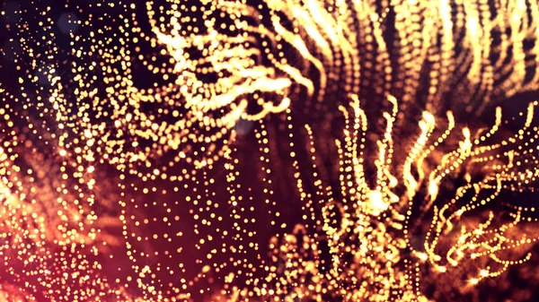 Abstract glow particles in air as science fiction microcosm or macro world or sci-fi. 3d render of abstract composition with depth of field and glowing particles in dark with bokeh effects. Golden 19