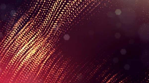 Abstract glow particles in air as science fiction microcosm or macro world or sci-fi. 3d render of abstract composition with depth of field and glowing particles in dark with bokeh effects. Golden 24