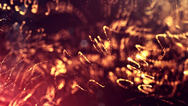 Abstract glow particles in air as science fiction microcosm or macro world or sci-fi. 3d render of abstract composition with depth of field and glowing particles in dark with bokeh effects. Golden 25