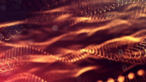 Abstract glow particles in air as science fiction microcosm or macro world or sci-fi. 3d render of abstract composition with depth of field and glowing particles in dark with bokeh effects. Golden 28