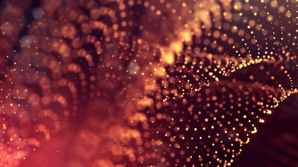 Abstract glow particles in air as science fiction microcosm or macro world or sci-fi. 3d render of abstract composition with depth of field and glowing particles in dark with bokeh effects. Golden 33