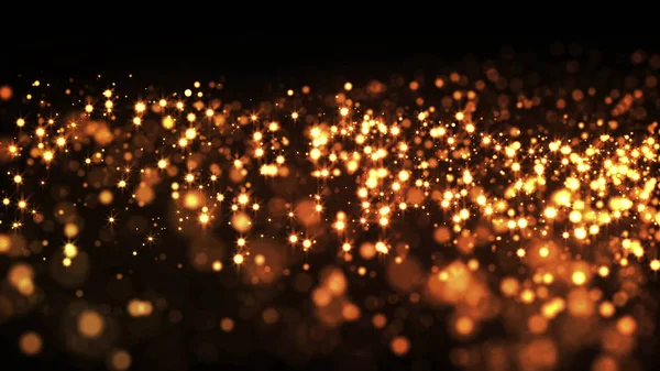gold particles glisten in the air, gold sparkles in a viscous fluid have the effect of advection with depth of field and bokeh. 3d render. cloud of particles. 10