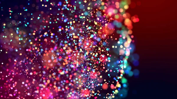 cloud of multicolored particles in the air like sparkles on a dark background with depth of field. beautiful bokeh light effects with colored particles. background for holiday presentations. 100