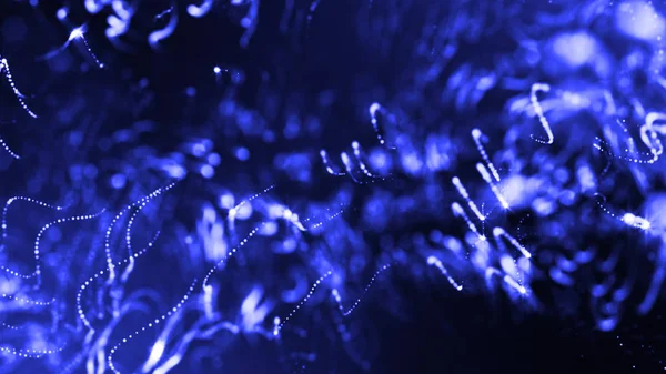 Glow particles are in air as science fiction of microcosm or macro world or sci-fi. 3d rendering of abstract blue composition with depth of field and glowing particles in dark with bokeh effects. 16