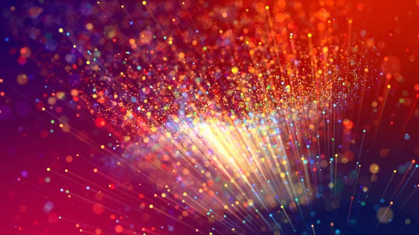 Abstract explosion of multicolored shiny particles or light rays like laser show. 3d render abstract background with colorful glowing particles, depth of field and bokeh effect.