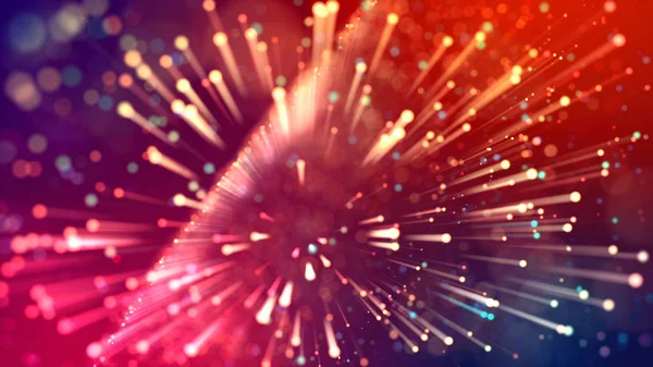 Abstract explosion of multicolored shiny particles or light rays like laser show. 3d render abstract background with colorful glowing particles, depth of field and bokeh effect.