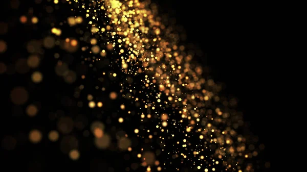 composition of gold particles with a depth of field 3d render