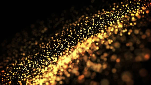 composition of gold particles with a depth of field 3d render