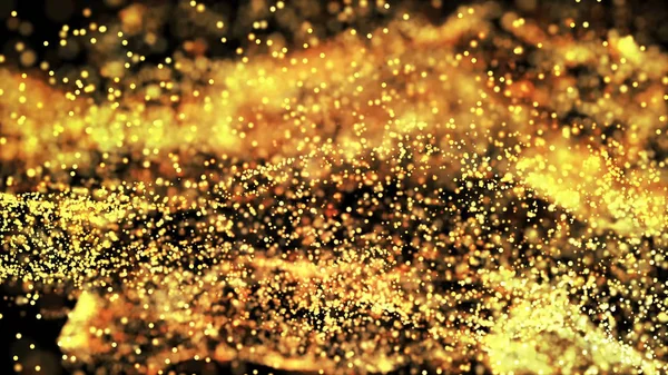 composition of gold particles with a depth of field 3d render