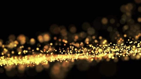 composition of gold particles with a depth of field 3d render