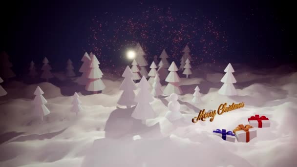 3D magischer Cartoon von Heiligabend mit herrlich glänzender Inschrift frohe Weihnachten und Weihnachtsgeschenke im Winterwald mit Schneewehen, Schneefall, Mond und schönen Feuerwerken im Nachtwald.