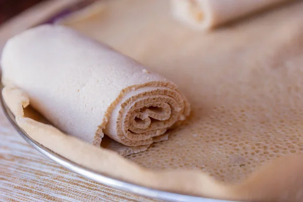 Injera Uma Massa Pão Liso Feito Farinha Teff Prato Nacional — Fotografia de Stock