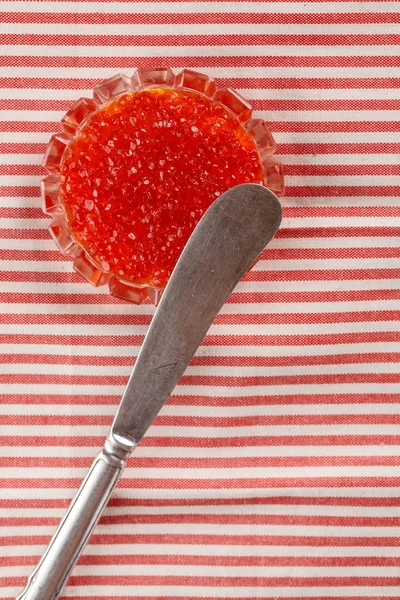 Red Caviar Cup Textile Background Decorated Knife Top View — Stock Photo, Image