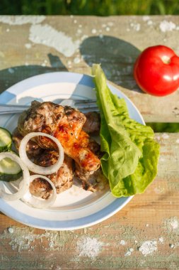 taze sebze ile ızgara tavuk budu. Bahçe piknik. Yeşil zemin üzerine.