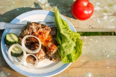 taze sebze ile ızgara tavuk budu. Bahçe piknik. Yeşil zemin üzerine.