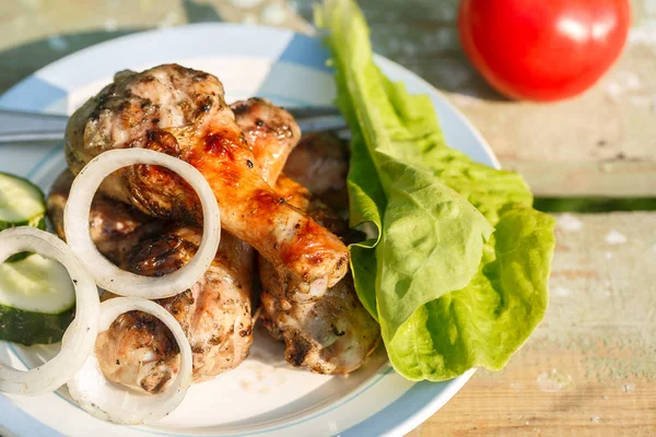 taze sebze ile ızgara tavuk budu. Bahçe piknik. Yeşil zemin üzerine.