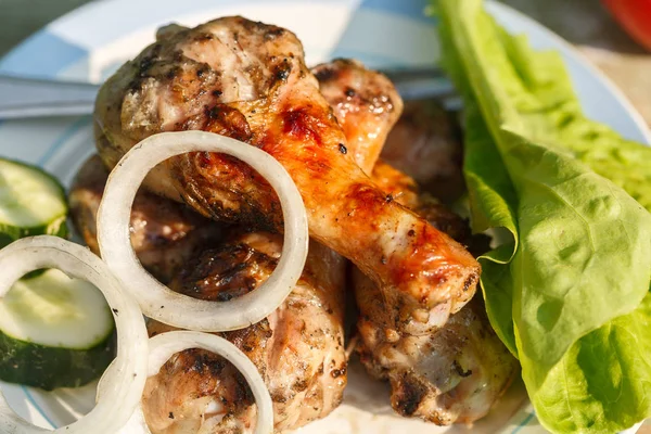 taze sebze ile ızgara tavuk budu. Bahçe piknik. Portre. Üstten görünüm