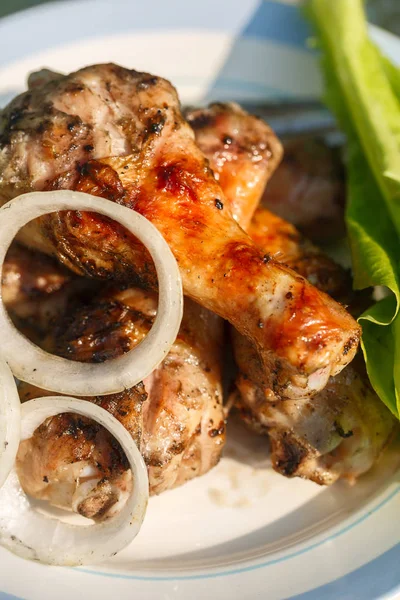 taze sebze ile ızgara tavuk budu. Bahçe piknik. Portre. Üstten görünüm