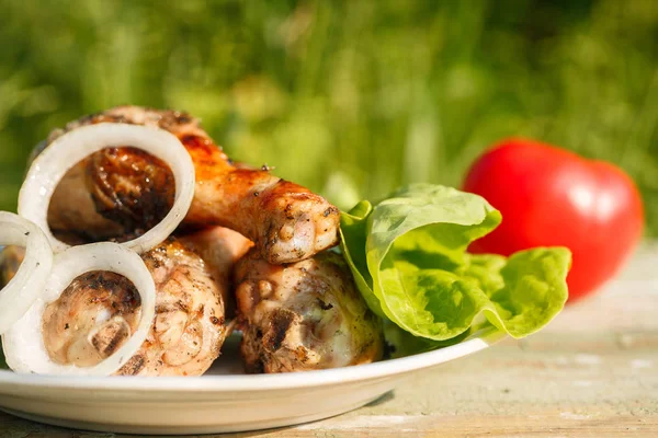 taze sebze ile ızgara tavuk budu. Bahçe piknik. Yeşil zemin üzerine.